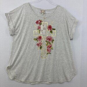 New Tru Self size 2X Light Gray Floral Short Sleeve Stretch Knit Soft Comfy Top‎